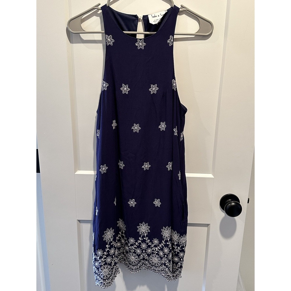 Women's Sadie & Sage Blue White‎ Floral Embroidered Dress Pockets Size Small